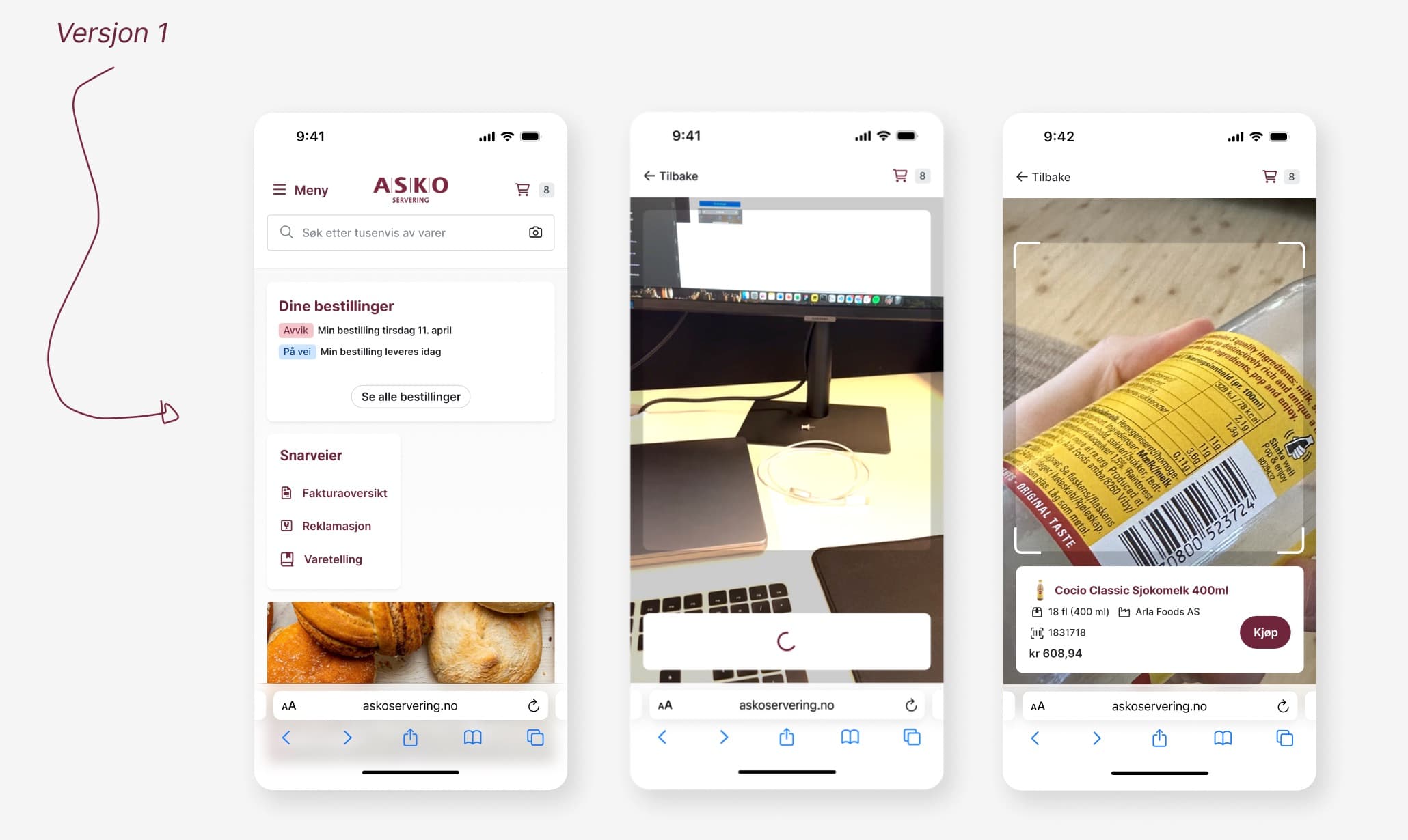 Wireframes av versjon 1: forside, kameravisning og treff på vare