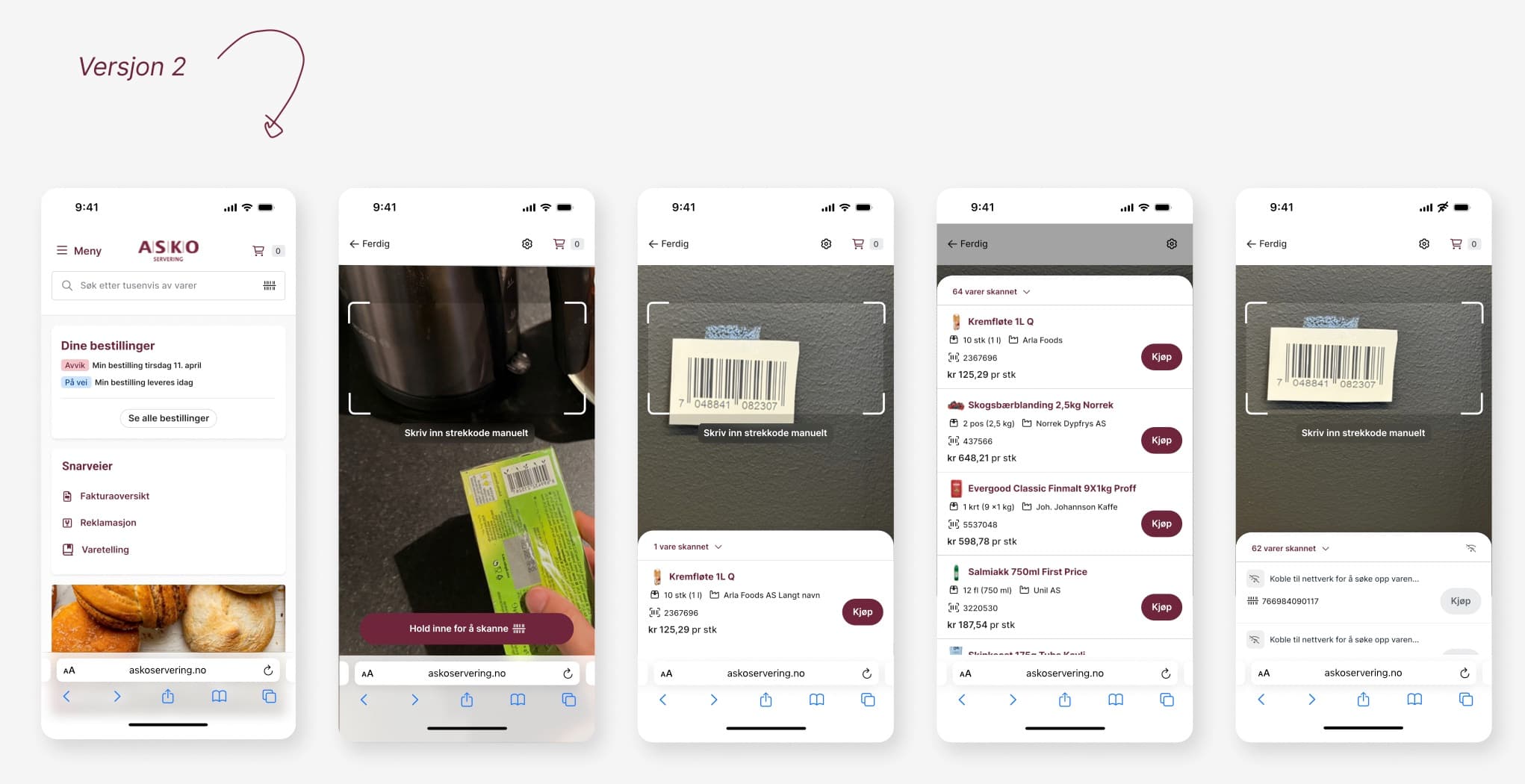 Wireframes av versjon 2: egen skanneinngang, hold inne for å skanne, liste over skannede varer, manuell inntasting og offline-håndtering