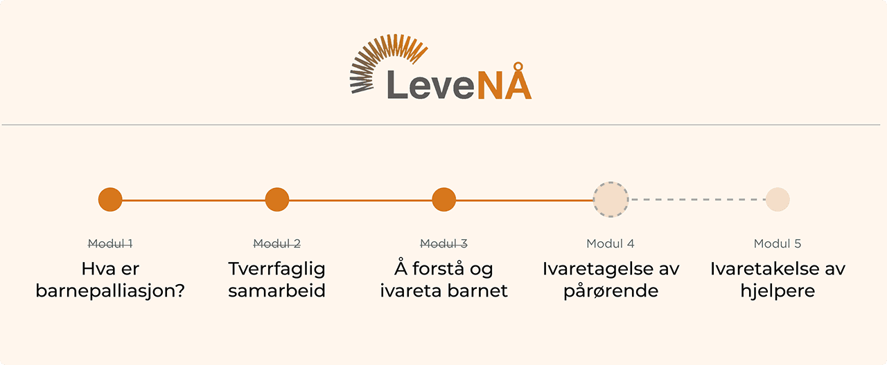 Horisontal tidslinje over kursets fem moduler