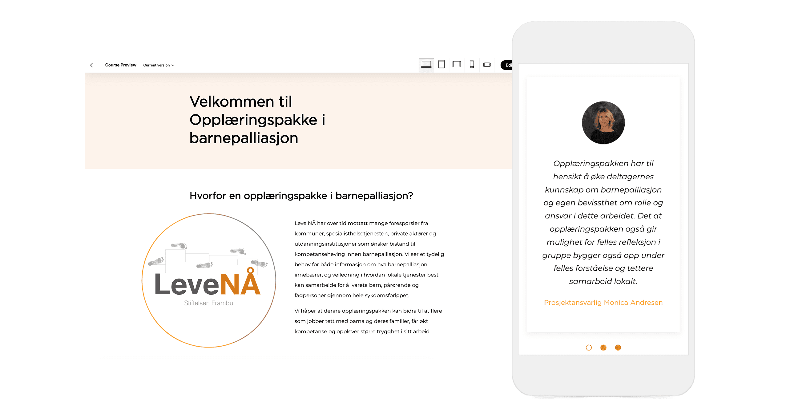 Nettkurset vist i nettleser og på mobil, med velkomstside og et sitat fra en fagperson