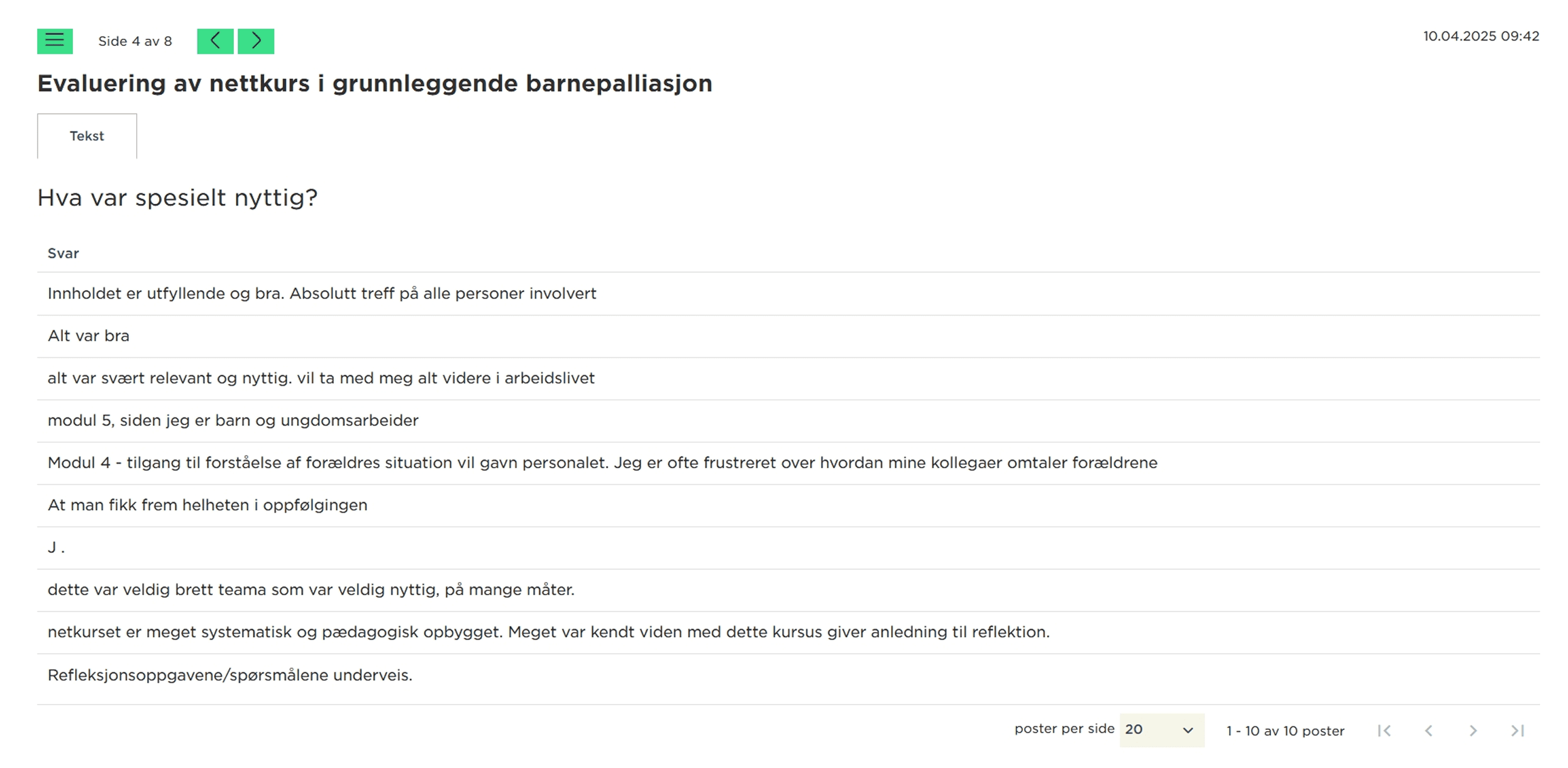 Åpne svar fra evalueringen av nettkurset