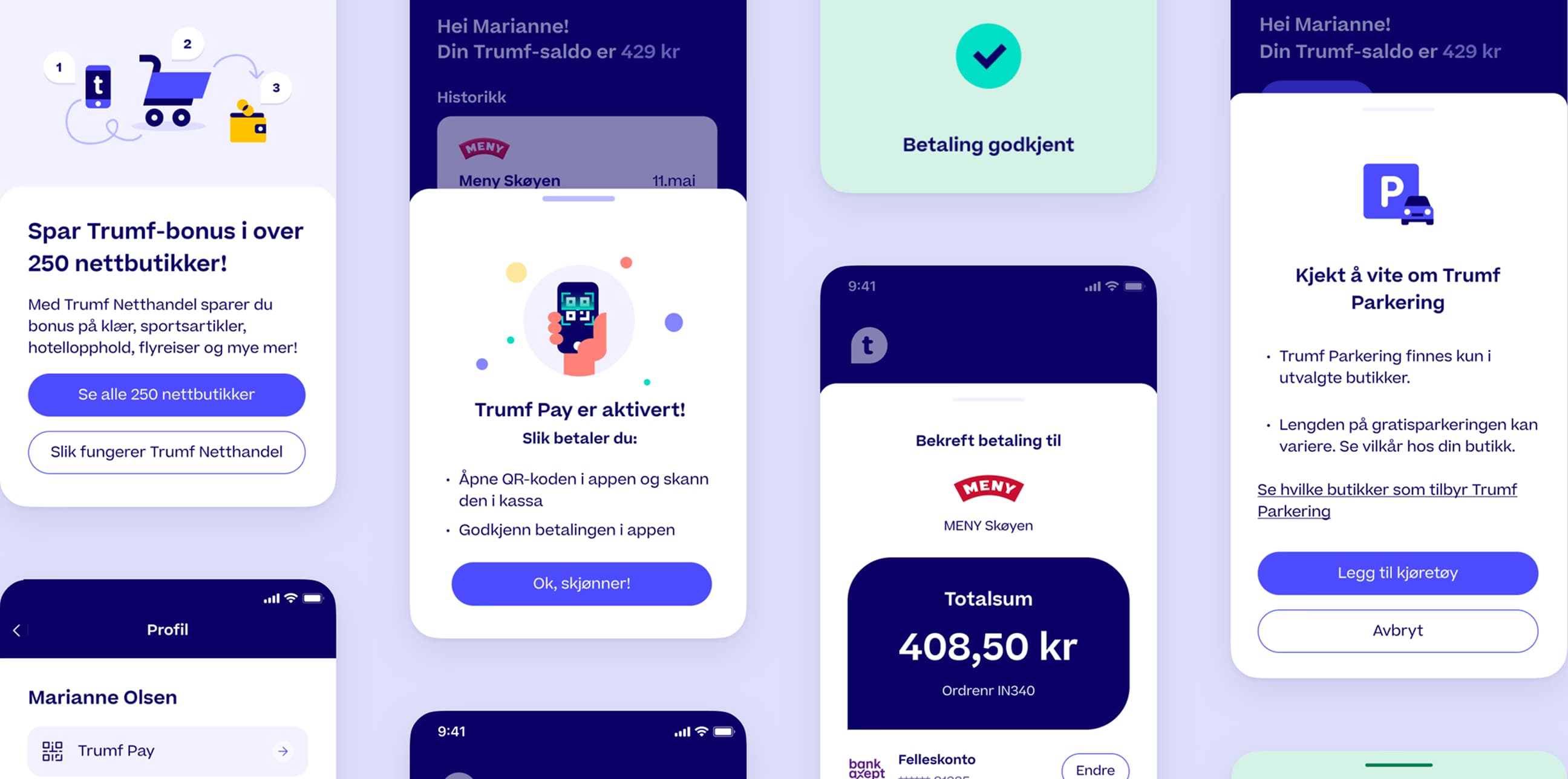 Skjermbilder fra ulike Trumf-funksjoner: netthandel, Trumf Pay, betalingsbekreftelse og parkering