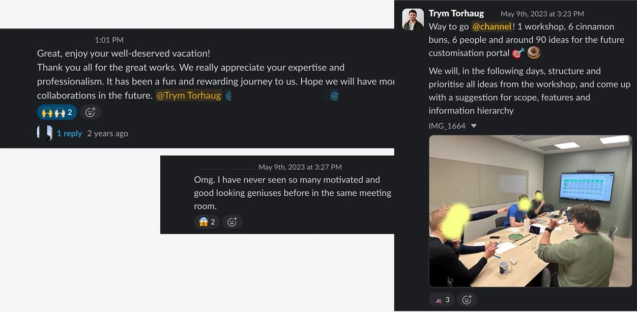Slack-meldinger og bilde fra en workshop med utviklingsteamet