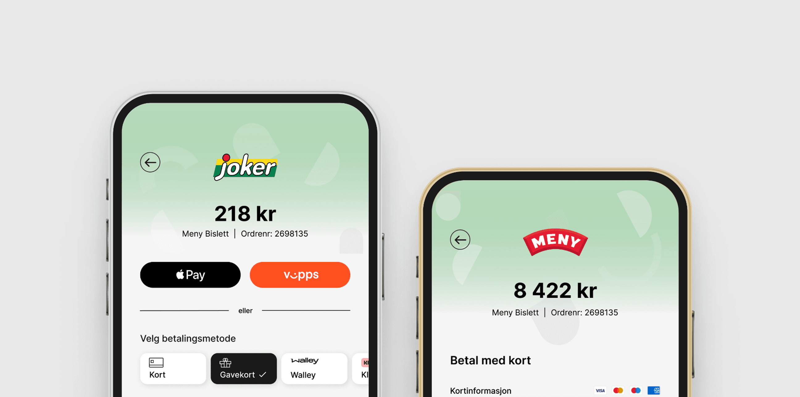Skjermbilder fra Aeras betalingsmodul: valg av betalingsmetode i Joker og korthåndtering i Meny